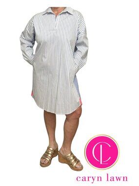 Classic Preppy - Caryn Lawn Blue Midi Shirt Dress OS fits most